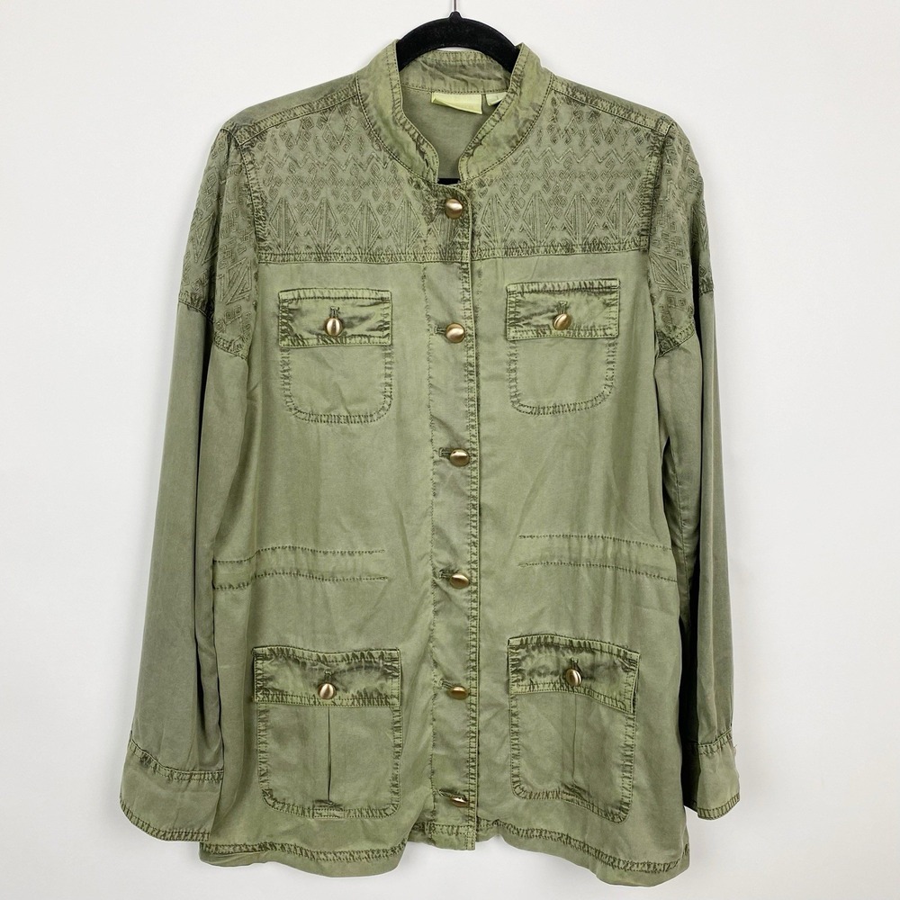 Chico's Embroidered Utility Lyocell‎ Cargo Jacket Womens 8 Chicos 1 Olive Green